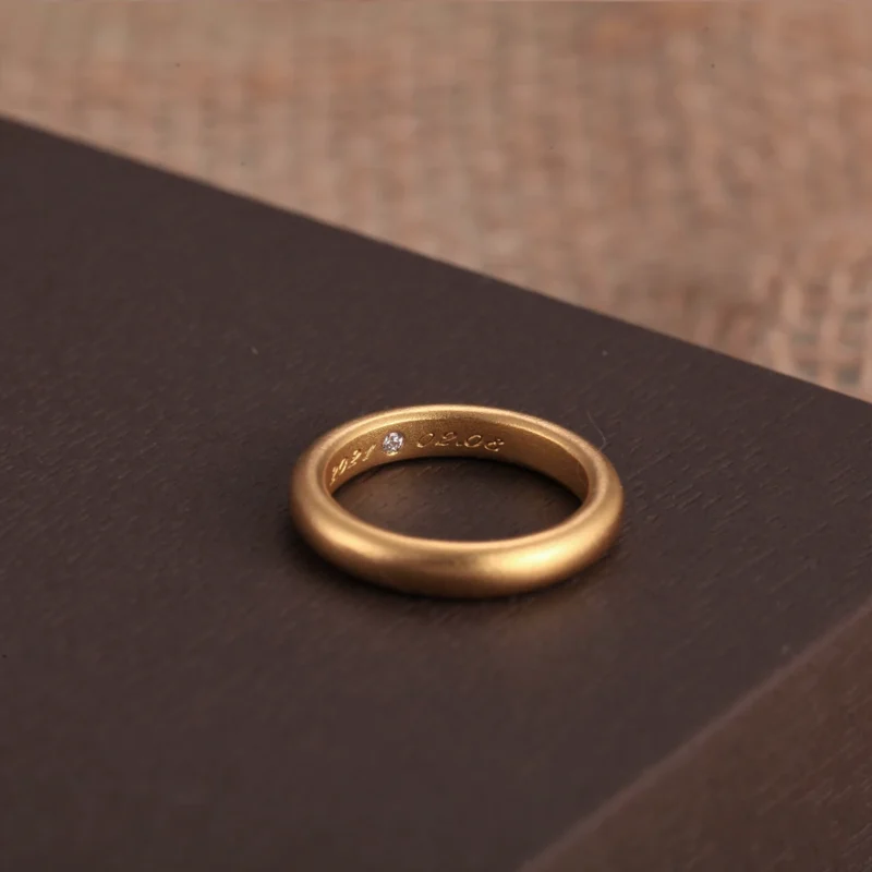 24k-gold-ring-AZK-7007-3 engraved 24k gold ring, hand-forged gold ring, 24k ring with hidden diamond
