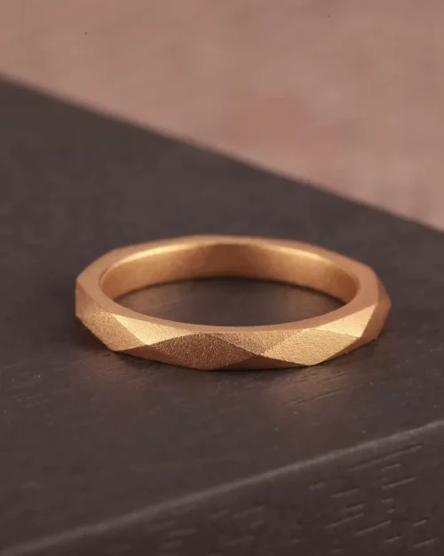 24k-gold-ring-AZK-7013-2 faceted gold ring, hand-forged 24k gold ring, geometric gold wedding band