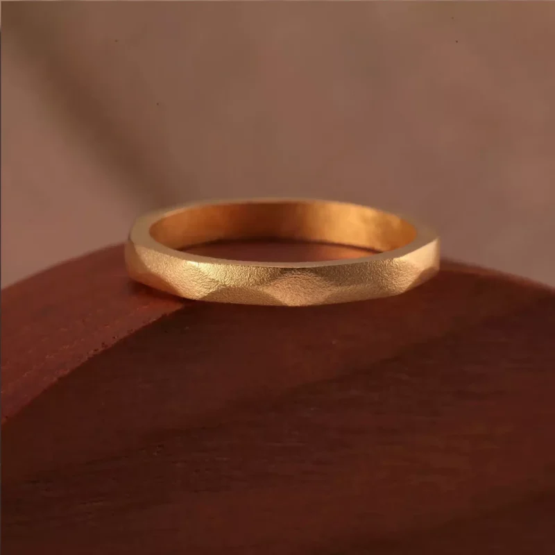 24k-gold-ring-AZK-7013-3 faceted gold ring, hand-forged 24k gold ring, geometric gold wedding band