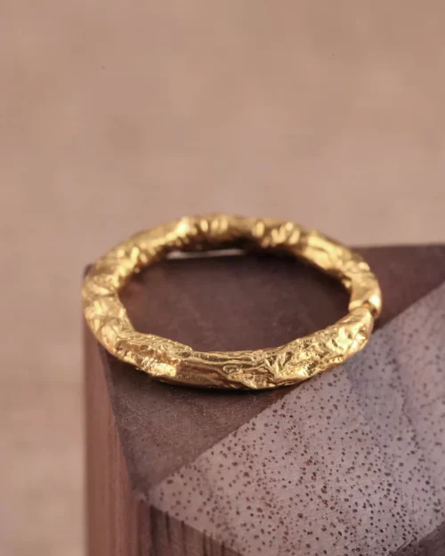24k gold open ring, branch texture gold ring, hand-forged organic gold ring