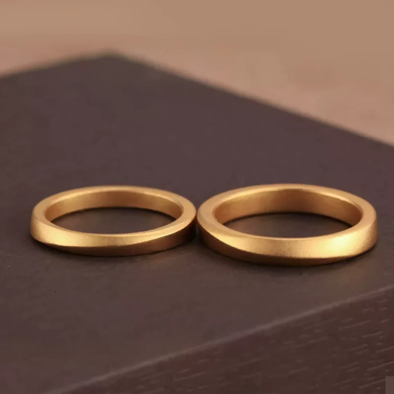 24k-gold-ring-AZK-7018-4 24k gold wedding bands, minimalist couple rings, hand-forged gold wedding rings