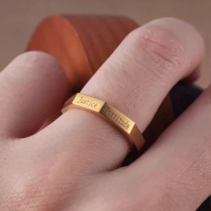Octagon Engraved 24K Gold Couple Rings – Handcrafted Pure Gold “Temperance” Bands 2 Octagon Engraved 24K Gold Couple Rings, 24k gold engraved rings, octagon gold wedding bands, hand-forged virtue rings
