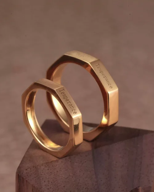 24k gold engraved rings, octagon gold wedding bands, hand-forged virtue rings