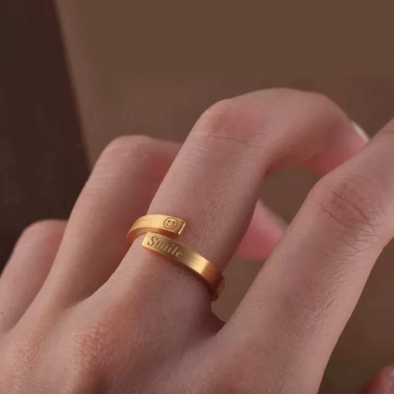 24k-gold-ring-AZK-7022-4 open end gold rings, smile engraved 24k rings, couple gold rings hand forged