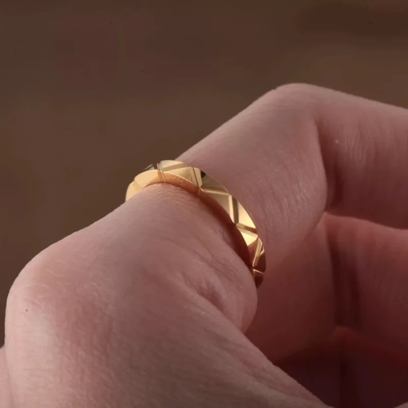 24k-gold-ring-AZK-7026-2 geometric gold wedding ring, 24k gold triangle pattern ring, hand forged faceted gold ring