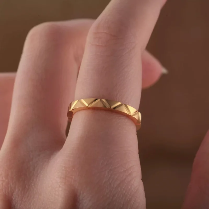 24k-gold-ring-AZK-7026-3 geometric gold wedding ring, 24k gold triangle pattern ring, hand forged faceted gold ring