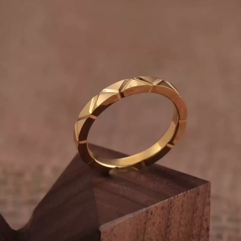 24k-gold-ring-AZK-7026-4 geometric gold wedding ring, 24k gold triangle pattern ring, hand forged faceted gold ring