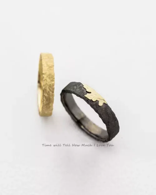 18K Pure Gold and Black Wedding Rings, Unique Textured Design, Perfect Symbol of Love and Eternity