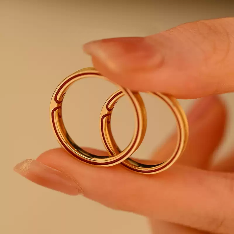 24k-gold-ring-AZK-7070-01 18K Gold Wedding Rings, Personalized Engraving with Red Accents, Custom Couple Rings