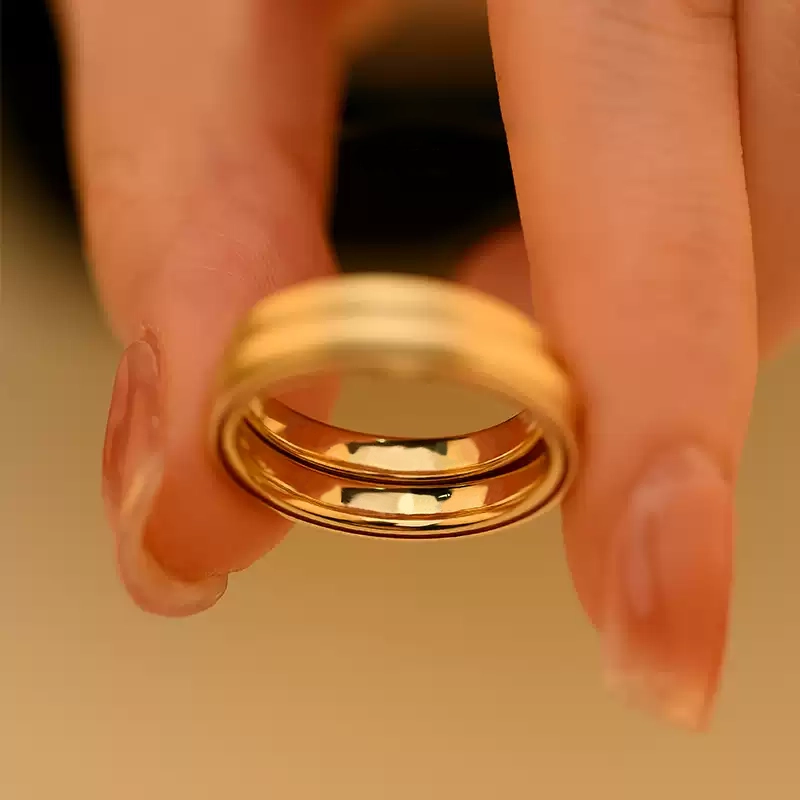 24k-gold-ring-AZK-7070-02 18K Gold Wedding Rings, Personalized Engraving with Red Accents, Custom Couple Rings