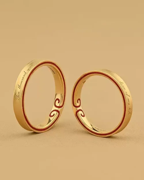 18K Gold Wedding Rings, Personalized Engraving with Red Accents, Custom Couple Rings