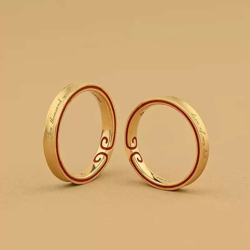 24k-gold-ring-AZK-7070-06 18K Gold Wedding Rings, Personalized Engraving with Red Accents, Custom Couple Rings