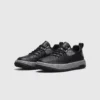 chunky sole leather casual sneakers in black, front 45-degree view of the pair on a light gray background