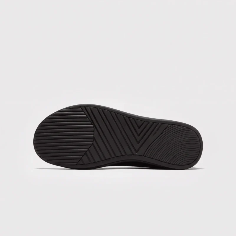 chunky sole leather casual sneakers in black, outsole tread view on a light gray background