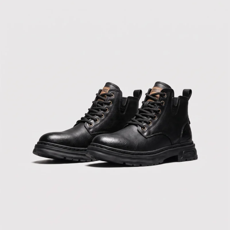 chunky sole leather ankle boots in black, front 45-degree view of the pair on a light gray background