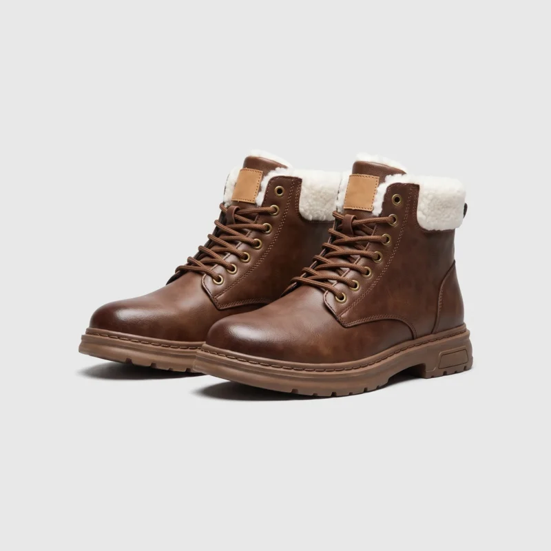 chunky sole leather ankle boots in brown, front 45-degree view of the pair on a light gray background