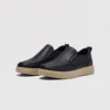 slip-on leather casual shoes in black, front 45-degree view of the pair on a light gray background