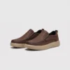 slip-on leather casual shoes in brown, front 45-degree view of the pair on a light gray background