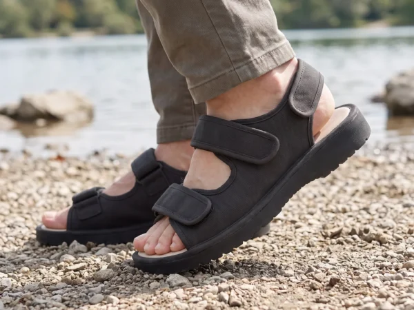 adjustable strap linen sandals breathable thick cushioned sole comfort shoes for active seniors in black, worn on foot on a lakeside shore, soft daylight lifestyle photo
