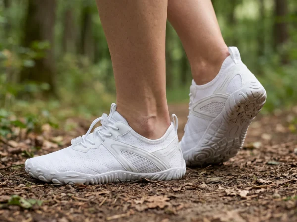 barefoot aqua water shoes quick-dry for beach wading hiking surfing in white, worn on foot on a forest trail, soft daylight lifestyle photo