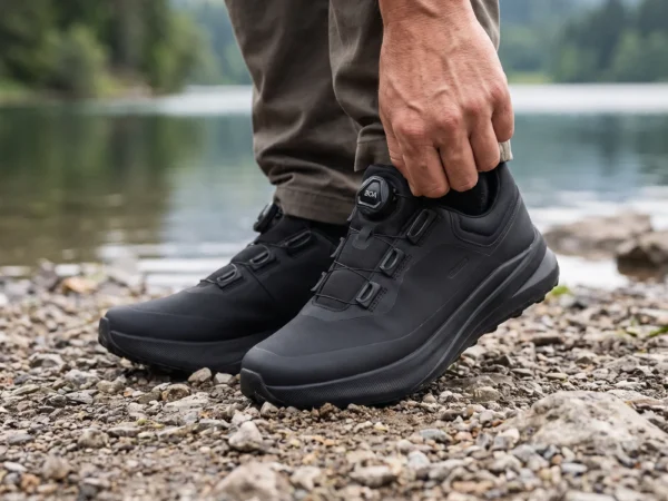 boa closure hiking sneakers in black, worn on foot on a lakeside shore, soft daylight lifestyle photo