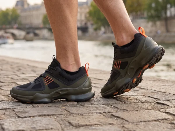 breathable mesh running sneakers lightweight chunky sole casual outdoor shoes in green, worn on foot on a riverside promenade, soft daylight lifestyle photo