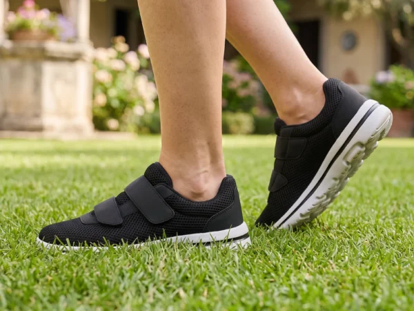 breathable wide fit walking shoes hook-and-loop roomy comfort shoes for swollen delicate feet in black, worn on foot on a garden lawn, soft daylight lifestyle photo