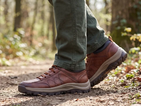 british style leather outdoor hiking shoes casual anti-slip sneakers in coffee, worn on foot on a forest trail, soft daylight lifestyle photo