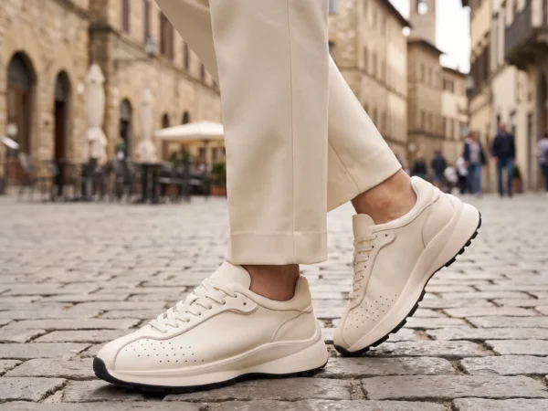 cream leather chunky lace-up dad sneakers in cream, worn on foot on a old-town square, soft daylight lifestyle photo