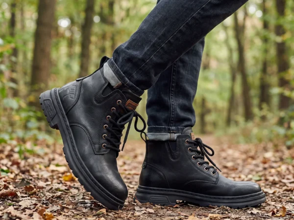 chunky sole leather ankle boots in black, worn on foot on a forest trail, soft daylight lifestyle photo