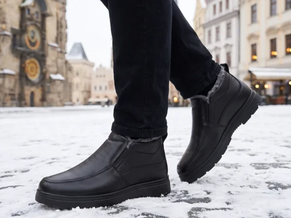 fleece-lined slip-on winter shoes warm cushioned easy-on casual shoes for men in black, worn on foot on a snowy old-town square, soft daylight lifestyle photo