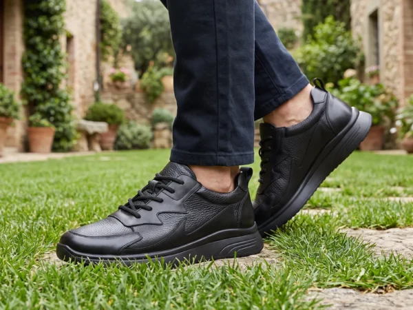 genuine leather casual shoes breathable lightweight non-slip walking sneakers in black, worn on foot on a garden lawn, soft daylight lifestyle photo