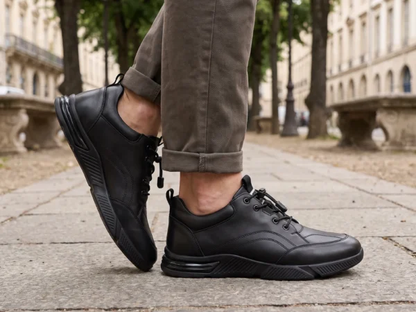 genuine leather lace-up casual sneakers warm comfortable in black, worn on foot on a city park path, soft daylight lifestyle photo
