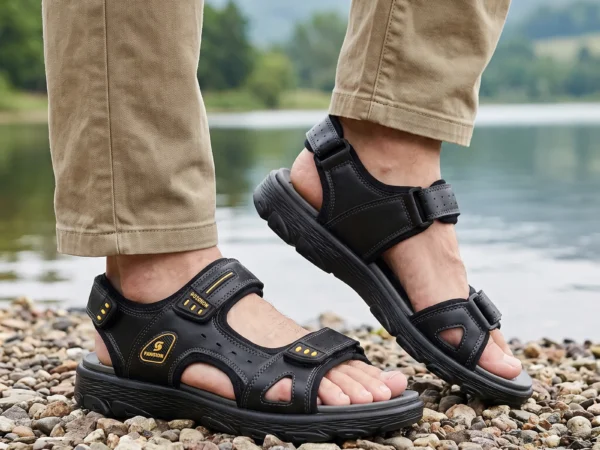 genuine leather mens beach slide sandals - soft sole thick platform outdoor wading slides in black, worn on foot on a lakeside shore, soft daylight lifestyle photo