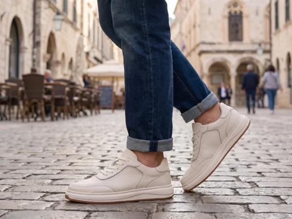genuine leather skate sneakers breathable low-top casual shoes in cream, worn on foot on a old-town square, soft daylight lifestyle photo