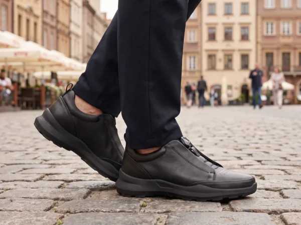 genuine leather business casual running sneakers in black, worn on foot on a old-town square, soft daylight lifestyle photo
