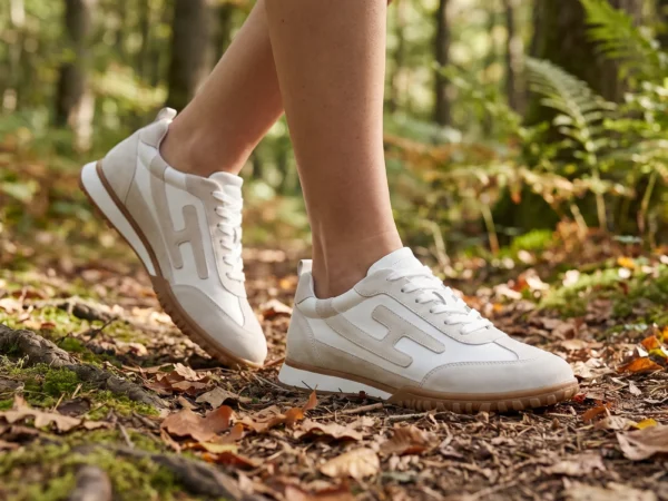 retro german trainer sneakers leather flat lace-up casual shoes in white, worn on foot on a forest trail, soft daylight lifestyle photo