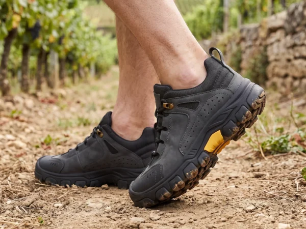 leather outdoor hiking sneakers in black, worn on foot on a vineyard path, soft daylight lifestyle photo