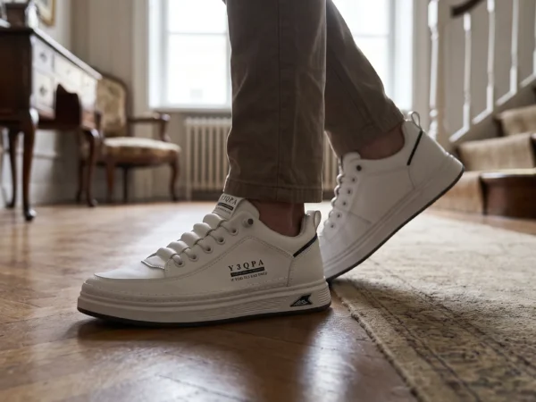 mens perforated slip-on sneakers - breathable knit casual walking shoes with cushioned sole in white, worn on foot on a commute indoor, soft daylight lifestyle photo