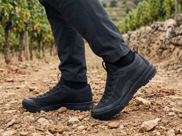 mens low-top breathable trail running shoes in black, worn on foot on a vineyard path, soft daylight lifestyle photo