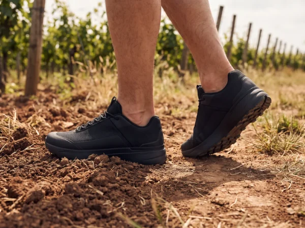 mens waterproof trail running shoes in black, worn on foot on a vineyard path, soft daylight lifestyle photo