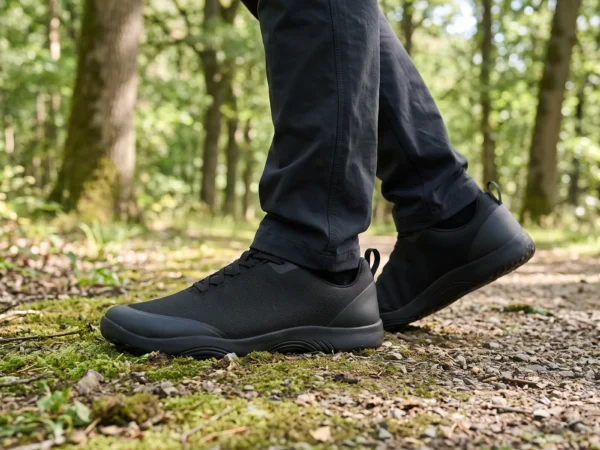 mens wide toe box outdoor casual shoes - breathable lightweight walking  trail sneakers in black, worn on foot on a forest trail, soft daylight lifestyle photo