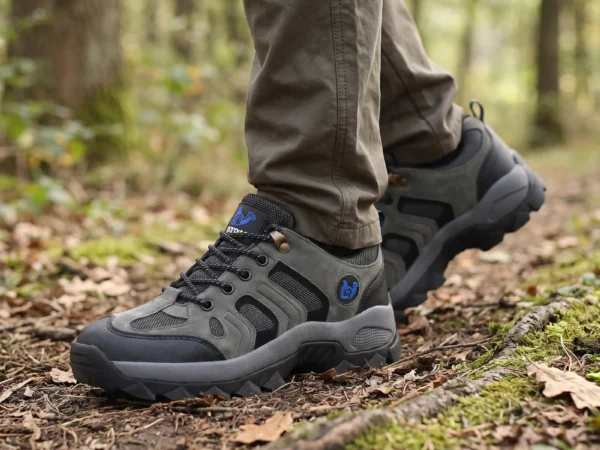outdoor trail hiking shoes breathable thick sole non-slip durable lace-up comfort sneakers in green, worn on foot on a forest trail, soft daylight lifestyle photo