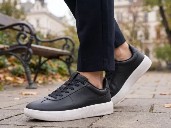 retro german trainer sneakers in black, worn on foot on a city park path, soft daylight lifestyle photo