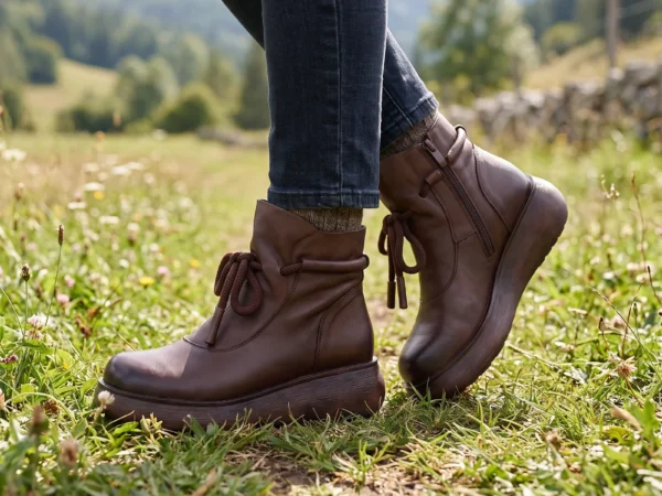retro platform ankle boots chunky sole side zip warm fleece lined casual short boots in black, worn on foot on a mountain meadow, soft daylight lifestyle photo