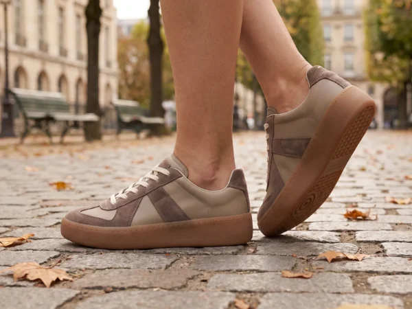 retro platform german trainer sneakers in brown, worn on foot on a city park path, soft daylight lifestyle photo