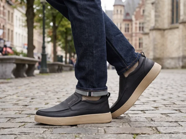 slip-on leather casual shoes in black, worn on foot on a city park path, soft daylight lifestyle photo
