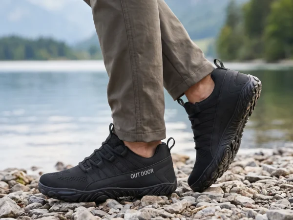 unisex knit trail hiking shoes - breathable low-top walking camping sneakers big sizes in black, worn on foot on a lakeside shore, soft daylight lifestyle photo