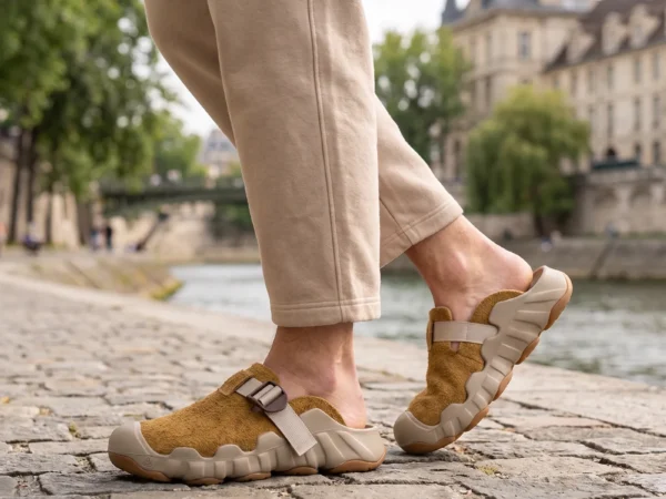 unisex wave-sole closed-toe clog slippers - suede slip-on mules with adjustable webbing strap and thick cushioned sole in mustard, worn on foot on a riverside promenade, soft daylight lifestyle photo