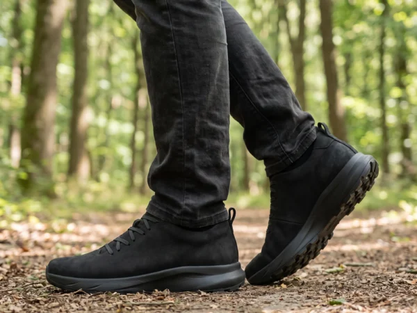 waterproof leather hiking sneakers in black-matte, worn on foot on a forest trail, soft daylight lifestyle photo